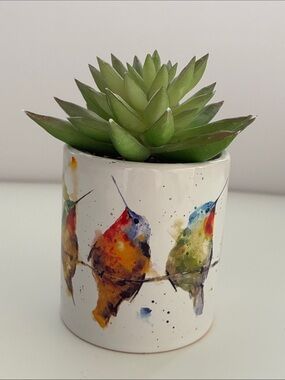 Ceramic Hummingbird Planter with Green Artificial Succulent